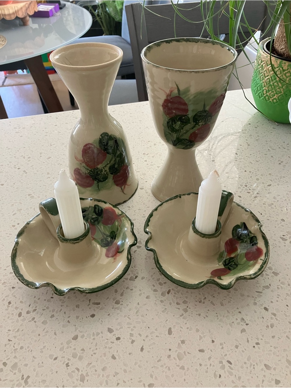 Hand-Painted Pottery Goblets & Candle Holders in Cream with Red/Green motif